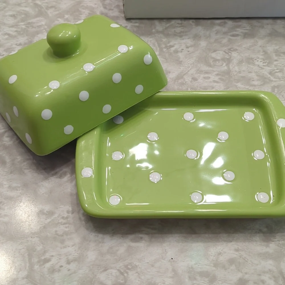 City To Cottage Green White Polka Dot Butter Dish - Picture 2 of 5